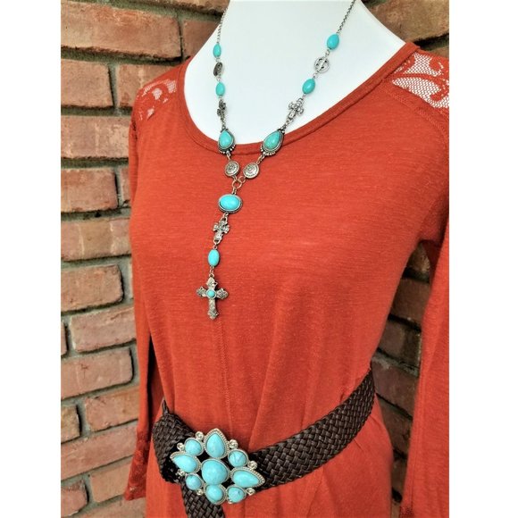 Artisan Hand Crafted Necklace Earrings Set Rosary Cross Turquoise Silver Beaded - Picture 7 of 7